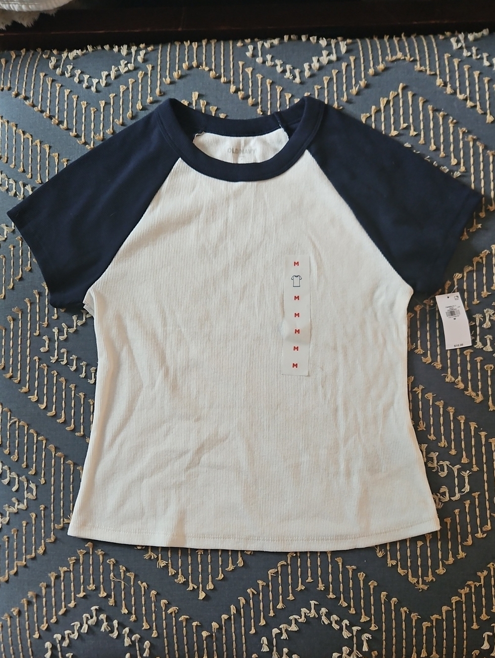 NWT Old Navy White Ribbed Tee with Navy Sleeves